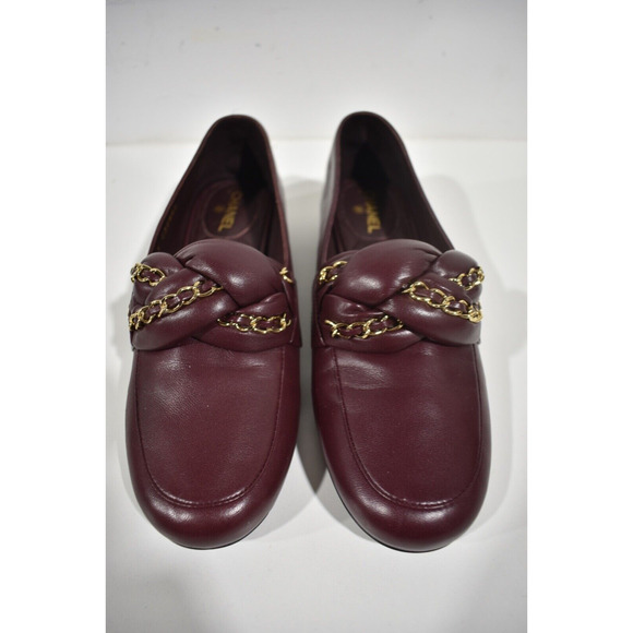 Chanel 17A Burgundy Red Braided CC Logo Gold Chain Slide Loafer Moccasin Flat 37 - Picture 4 of 10